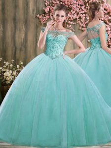 Floor Length Lace Up 15th Birthday Dress Blue for Sweet 16 and Quinceanera with Beading