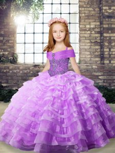 Customized Lilac Organza Lace Up Straps Sleeveless Little Girls Pageant Dress Wholesale Brush Train Beading and Ruffled Layers