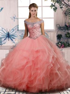 Sophisticated Floor Length Ball Gowns Sleeveless Watermelon Red Quince Ball Gowns Lace Up