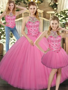 Elegant Rose Pink Tulle Lace Up Halter Top Sleeveless Floor Length Quinceanera Gowns Embroidery