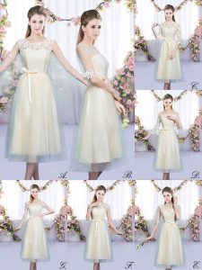 Tea Length Lace Up Vestidos de Damas Champagne for Wedding Party with Lace and Belt
