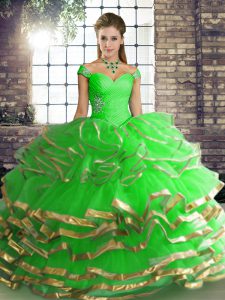 Trendy Green Tulle Lace Up Off The Shoulder Sleeveless Floor Length 15th Birthday Dress Beading and Ruffled Layers