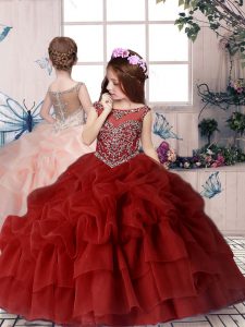 Luxurious Off The Shoulder Sleeveless Pageant Dress for Girls Floor Length Beading and Pick Ups Red Chiffon