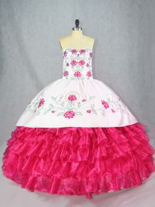 Hot Pink Ball Gowns Sweetheart Sleeveless Satin and Organza Lace Up Embroidery and Ruffled Layers Quinceanera Dresses