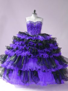 Traditional Black And Purple Sweetheart Lace Up Beading and Ruffled Layers Quinceanera Gown Sleeveless