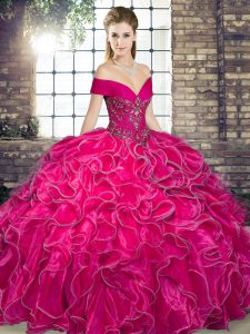 Hot Pink Sleeveless Organza Lace Up Quince Ball Gowns for Military Ball and Sweet 16 and Quinceanera