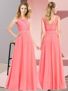 Clearance Chiffon Scoop Sleeveless Zipper Beading and Appliques Quinceanera Court of Honor Dress in Watermelon Red