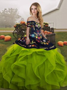 Customized Sleeveless Tulle Floor Length Lace Up Ball Gown Prom Dress in Yellow Green with Embroidery and Ruffles