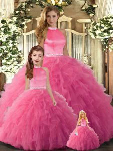 Elegant Hot Pink Sleeveless Beading and Ruffles Floor Length Quinceanera Gowns