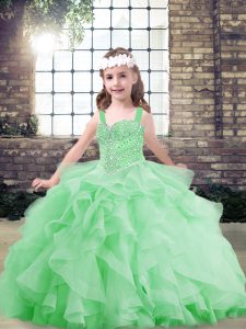 Floor Length Little Girls Pageant Dress Tulle Sleeveless Beading and Ruffles