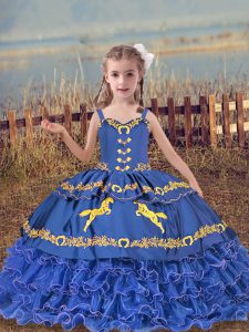 Blue Sleeveless Organza Lace Up Little Girl Pageant Dress for Wedding Party