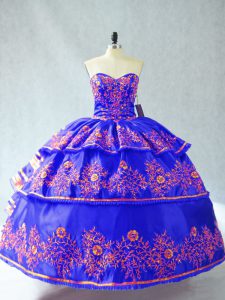 Fantastic Sweetheart Sleeveless Lace Up Embroidery and Ruffles Quince Ball Gowns in Blue
