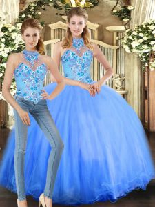 Lovely Blue Halter Top Neckline Embroidery Vestidos de Quinceanera Sleeveless Lace Up