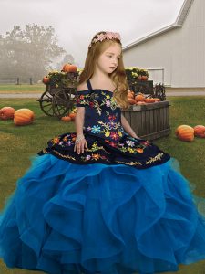 Perfect Floor Length Blue Kids Formal Wear Straps Sleeveless Lace Up
