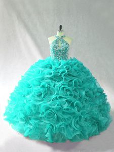 Dynamic Halter Top Sleeveless Organza Sweet 16 Dress Beading and Ruffles Brush Train Lace Up