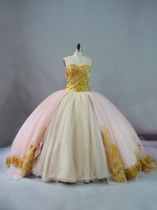 Pink and Champagne Lace Up Sweetheart Beading and Lace and Appliques Sweet 16 Quinceanera Dress Sleeveless Brush Train