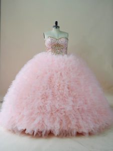 Baby Pink Tulle Lace Up Vestidos de Quinceanera Sleeveless Brush Train Beading and Ruffles