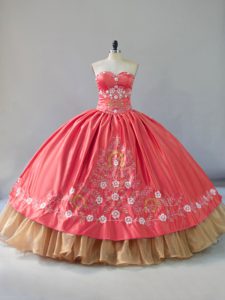 Designer Sleeveless Satin and Organza Floor Length Lace Up Sweet 16 Quinceanera Dress in Watermelon Red with Embroidery