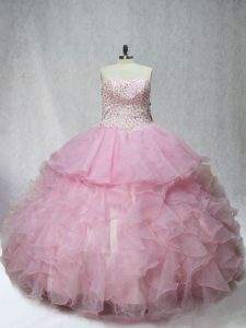 Pink Organza Lace Up Quinceanera Gowns Sleeveless Floor Length Beading and Ruffles