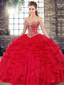 Chic Red Ball Gowns Tulle Sweetheart Sleeveless Beading and Ruffles Floor Length Lace Up Sweet 16 Quinceanera Dress
