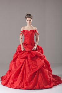 Red Off The Shoulder Neckline Ruching and Pick Ups and Hand Made Flower Quinceanera Gown Sleeveless Lace Up