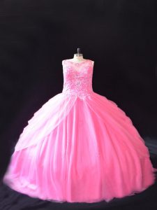 Scoop Sleeveless Court Train Lace Up 15th Birthday Dress Rose Pink Tulle