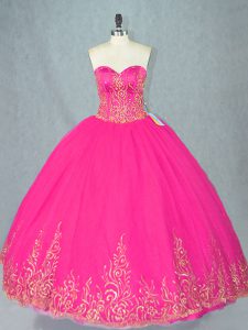 Latest Fuchsia Tulle Lace Up Sweetheart Sleeveless Floor Length Quinceanera Gown Beading
