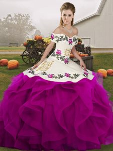Captivating White And Purple Tulle Lace Up Off The Shoulder Sleeveless Floor Length Quinceanera Dress Embroidery and Ruffles