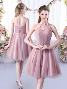 Fine Sleeveless Lace Up Knee Length Appliques and Belt Dama Dress for Quinceanera