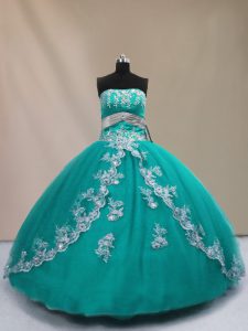 Fabulous Strapless Sleeveless Sweet 16 Dress Floor Length Appliques Turquoise Tulle