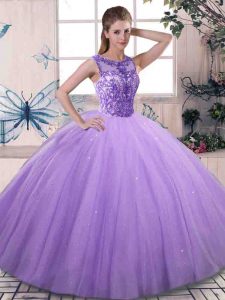 Lavender Sleeveless Floor Length Beading Lace Up Sweet 16 Dresses