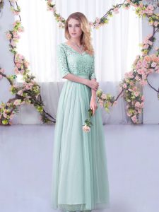 Floor Length Side Zipper Quinceanera Court of Honor Dress Light Blue for Wedding Party with Lace and Belt