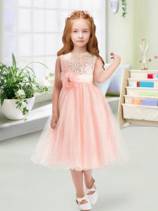 Baby Pink Sleeveless Tea Length Sequins and Hand Made Flower Zipper Pageant Gowns