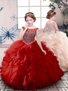 Best Red Zipper Scoop Beading and Ruffles Little Girls Pageant Dress Wholesale Organza Sleeveless
