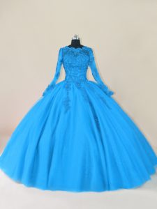 Perfect Blue Long Sleeves Floor Length Lace and Appliques Zipper Sweet 16 Dresses