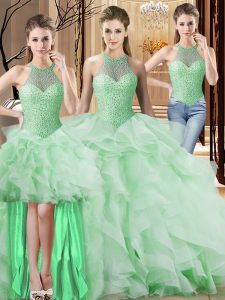 Exceptional Apple Green Quinceanera Dresses Organza Brush Train Sleeveless Beading and Ruffles