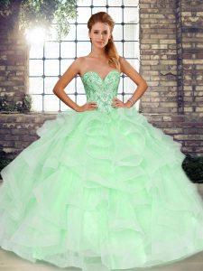 Sleeveless Floor Length Beading and Ruffles Lace Up Quinceanera Dress with Apple Green