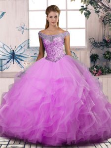 Best Lilac Lace Up Quinceanera Dresses Beading and Ruffles Sleeveless Floor Length