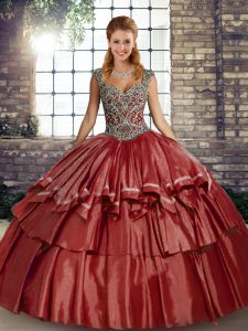 Inexpensive Floor Length Ball Gowns Sleeveless Rust Red 15th Birthday Dress Lace Up