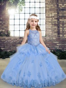 Lavender Ball Gowns Scoop Sleeveless Tulle Floor Length Lace Up Appliques Little Girls Pageant Dress Wholesale