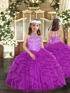 Purple Lace Up Pageant Gowns Beading and Ruffles Sleeveless Floor Length