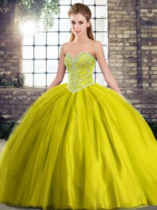 Exquisite Olive Green Tulle Lace Up Sweetheart Sleeveless Sweet 16 Dress Brush Train Beading