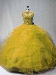 New Arrival Sleeveless Tulle Court Train Lace Up Vestidos de Quinceanera in Olive Green with Beading and Ruffles