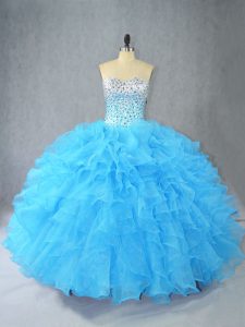 Sweetheart Sleeveless Quince Ball Gowns Floor Length Beading and Ruffles Aqua Blue Organza