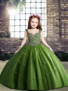 Green Tulle Lace Up Straps Sleeveless Floor Length Pageant Gowns Beading