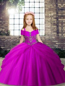 Elegant Fuchsia Ball Gowns Sleeveless Tulle Floor Length Lace Up Beading Kids Pageant Dress