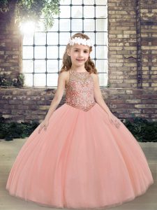 Ball Gowns Pageant Dress Peach Scoop Tulle Sleeveless Floor Length Lace Up