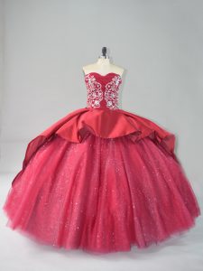 Fabulous Court Train Ball Gowns Quinceanera Gowns Wine Red Sweetheart Satin and Tulle Sleeveless Lace Up
