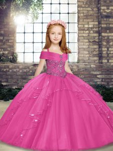 Adorable Hot Pink Tulle Lace Up Kids Pageant Dress Sleeveless Floor Length Beading