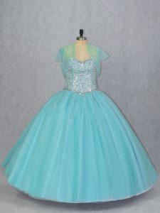 Designer Aqua Blue Lace Up Sweetheart Beading Quinceanera Gowns Tulle Sleeveless